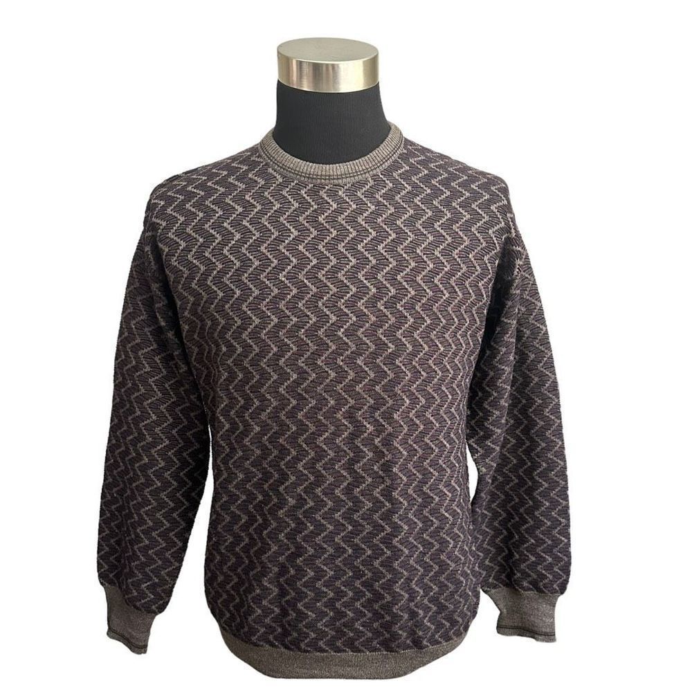 SEGRETO Men’s Made in Italy 100% Virgin Wool Sweater Brow zigzag Print sz medium